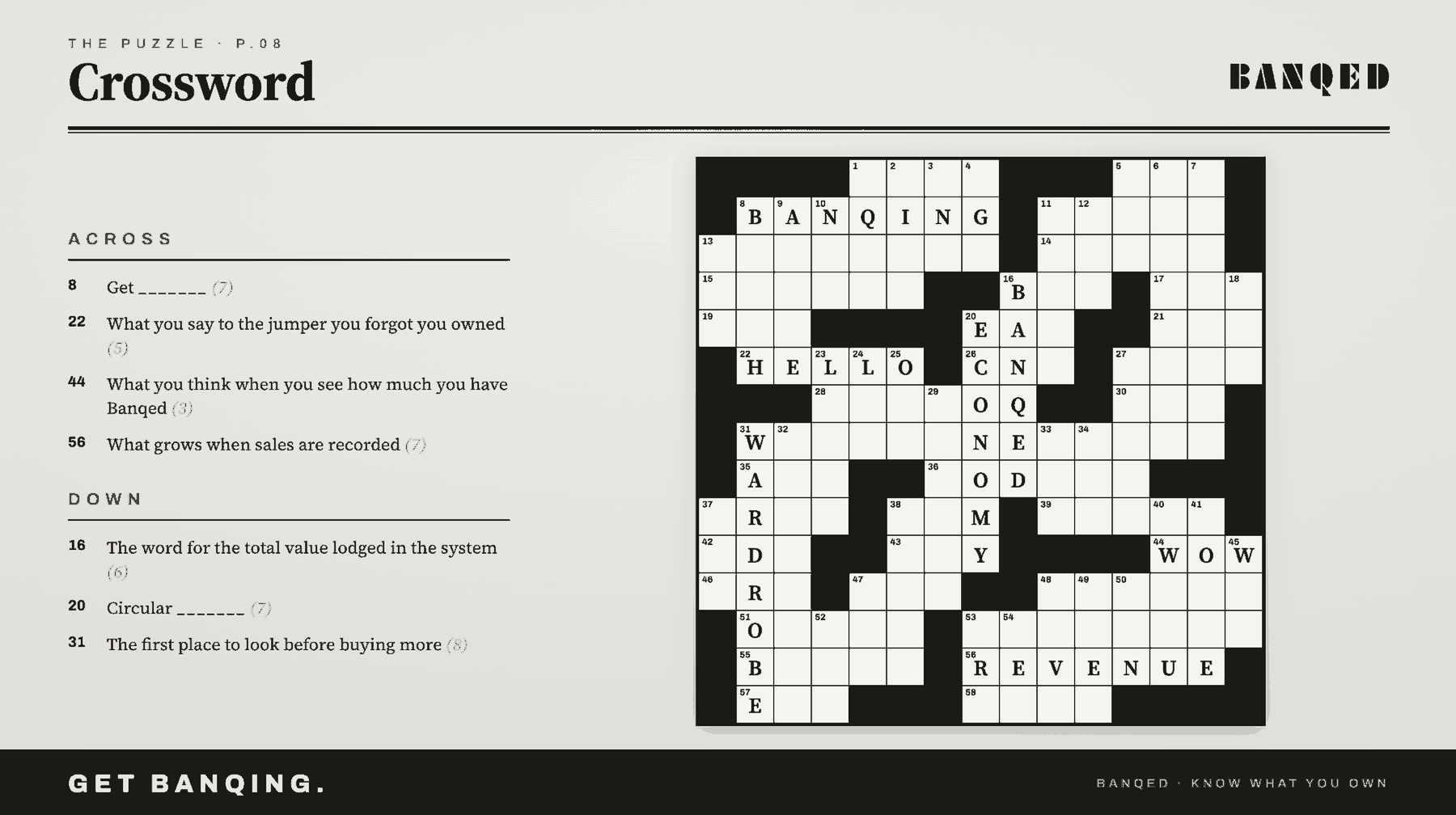 The Banqed crossword. Across: get banqing; what you say to the jumper you forgot you owned; what you think when you see how much you have banqed; what grows when sales are recorded. Down: the word for the total value lodged in the system; circular economy; the first place to look before buying more, your wardrobe.